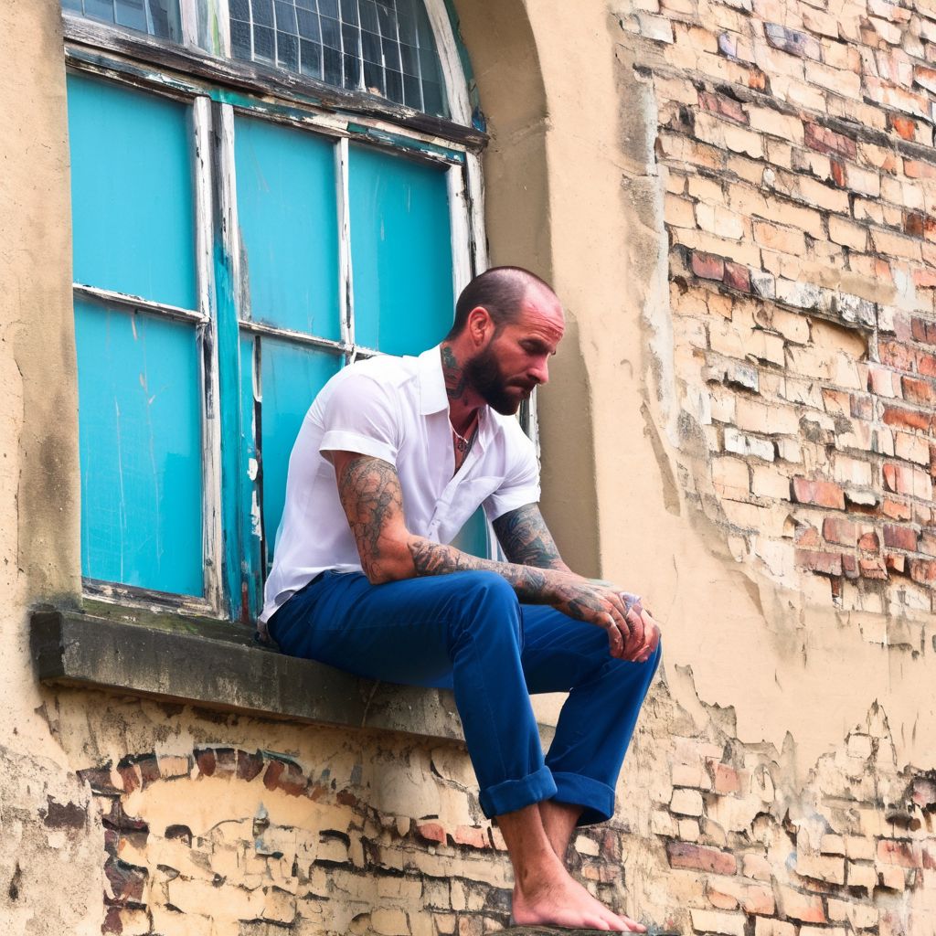 urban, tattooed man, detailed skin, two arms resting on knee, sitting on edge of stone windowsill, beam, under window, perched, handwriting graffiti, detailed, plaster, window frame, bokeh background, blue trousers, white short-sleeved shirt, both hands, highly-detailed face, stubble, individual hairs, sideburns, neck, brick wall, cyan, window hole with metal grid, photorealistic, barefoot, submerged, high quality