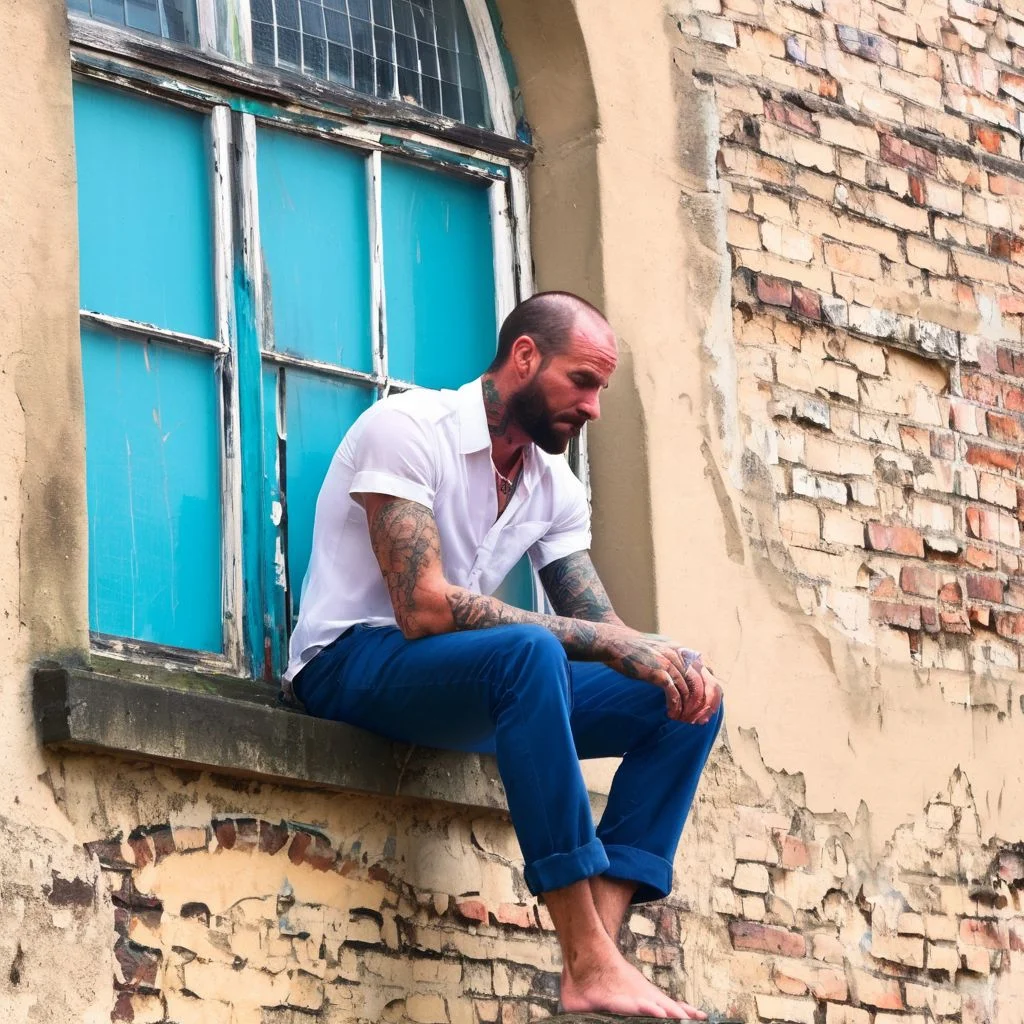 urban, tattooed man, detailed skin, two arms resting on knee, sitting on edge of stone windowsill, beam, under window, perched, handwriting graffiti, detailed, plaster, window frame, bokeh background, blue trousers, white short-sleeved shirt, both hands, highly-detailed face, stubble, individual hairs, sideburns, neck, brick wall, cyan, window hole with metal grid, photorealistic, barefoot, submerged, high quality