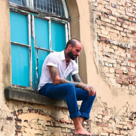 urban, tattooed man, detailed skin, two arms resting on knee, sitting on edge of stone windowsill, beam, under window, perched, handwriting graffiti, detailed, plaster, window frame, bokeh background, blue trousers, white short-sleeved shirt, both hands, highly-detailed face, stubble, individual hairs, sideburns, neck, brick wall, cyan, window hole with metal grid, photorealistic, barefoot, submerged, high quality