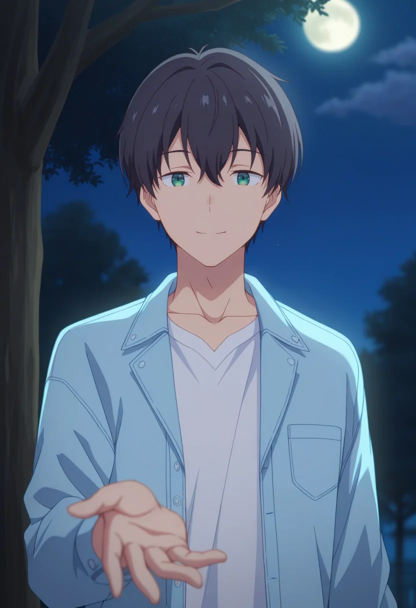 masterpiece, best quality, amazing quality,high resolution, intricate details,depth of field,anime coloring , , , 1boy, solo, male focus, <lora:Yuuta_Asamura:0.77>,yuuta asamura,black hair,green eyes,short hair,looking at viewer, smile, shirt, long sleeves, hair between eyes, closed mouth, standing, blue jacket, collarbone, white shirt, upper body, outdoors, open clothes, tree, night,moon, outstretched hand