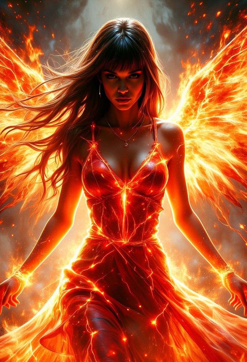 Silhouette Art, magnificent. female fire elemental, long hair, bangs, red flame-infused dress, pulsing with fire and red electrical energy, wings of fire