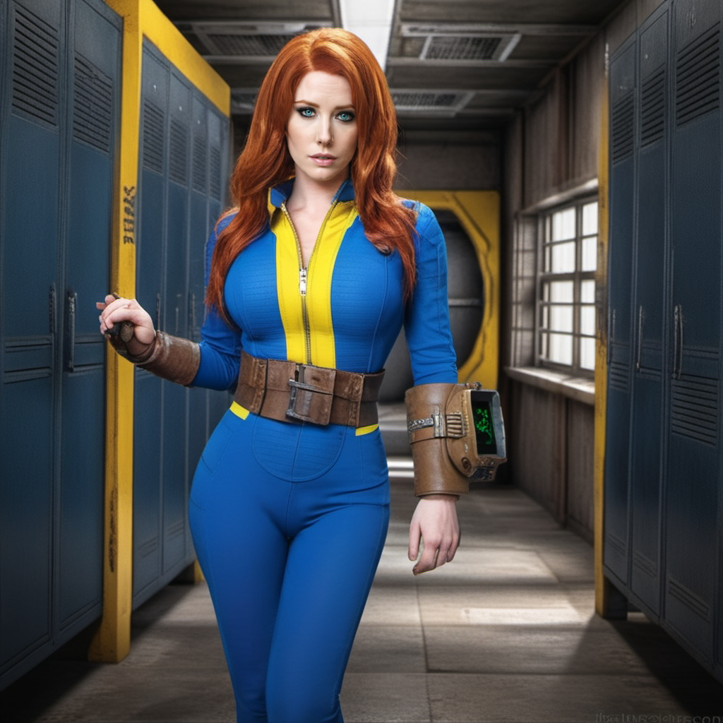 Dystopian style a redhead busty woman wears a blue and yellow outfit, a computer wrist, a belt, in a bunker <lora:Fallout-V2-1024-120:0.8> . Bleak, post-apocalyptic, somber, dramatic, highly detailed