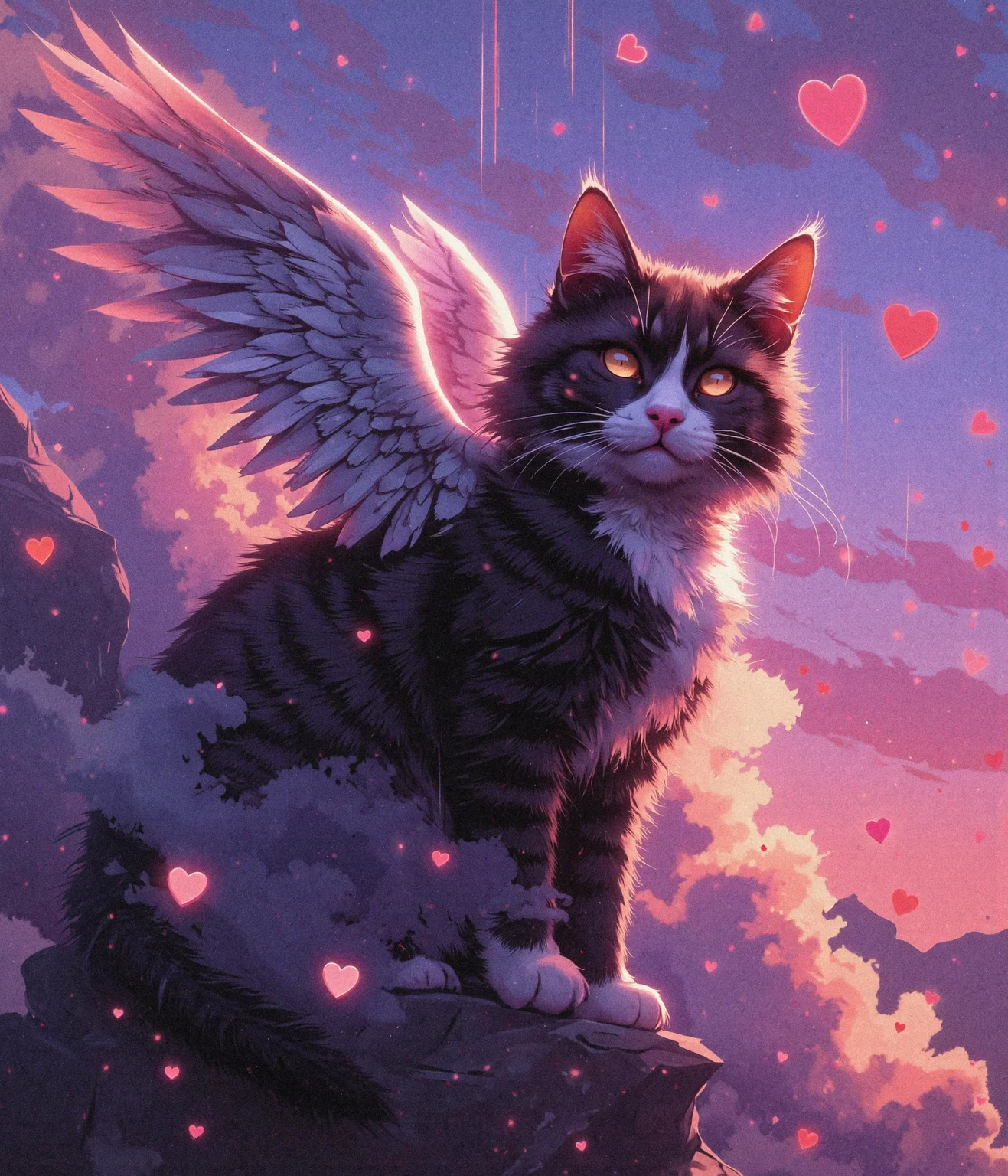 A breathtaking, cinematic film still of an award-winning composition—A small Maine Tabby cat in the colors brown white and black with delicate, ethereal angel wings gracefully floating in a vast sky filled with soft, pastel pink clouds. The cat’s fur is long and sleek and subtly illuminated by the ambient light, while its glowing, enigmatic eyes radiate a sense of mystery and wonder. The wings are intricately detailed, with each feather reflecting the warm hues of the dreamlike sky.
The scene has a moody, epic atmosphere, enhanced by a shallow depth of field that draws attention to the cat as the focal point. A soft vignette frames the composition, while a high-budget, ultra-detailed rendering brings out the finest textures—from the grain of the feathers to the gentle mist clinging to the clouds. The background is bathed in a surreal, cyberpunk-inspired glow, with hints of neon streaks subtly blending into the dreamy, anime-like aesthetic. Floating heartshaped clouds
Rendered in a mix of anime, cyberpunk, and comic book styles, the image features a stunning blend of high-quality film grain, a dynamic bokeh effect, and a rich, cinemascope aspect ratio. The overall tone is moody and atmospheric, evoking a sense of awe and fantasy, as if capturing a fleeting moment from an otherworldly, beautifully crafted cinematic universe.
Art in the style of Yomu_Yakadashi., cinna flow, dreamscape7X, dreadmirthart, Jedspl4tt,