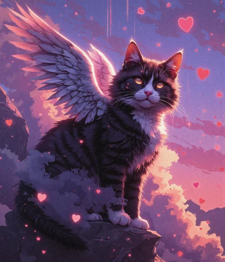 A breathtaking, cinematic film still of an award-winning composition—A small Maine Tabby cat in the colors brown white and black with delicate, ethereal angel wings gracefully floating in a vast sky filled with soft, pastel pink clouds. The cat’s fur is long and sleek and subtly illuminated by the ambient light, while its glowing, enigmatic eyes radiate a sense of mystery and wonder. The wings are intricately detailed, with each feather reflecting the warm hues of the dreamlike sky.
The scene has a moody, epic atmosphere, enhanced by a shallow depth of field that draws attention to the cat as the focal point. A soft vignette frames the composition, while a high-budget, ultra-detailed rendering brings out the finest textures—from the grain of the feathers to the gentle mist clinging to the clouds. The background is bathed in a surreal, cyberpunk-inspired glow, with hints of neon streaks subtly blending into the dreamy, anime-like aesthetic. Floating heartshaped clouds
Rendered in a mix of anime, cyberpunk, and comic book styles, the image features a stunning blend of high-quality film grain, a dynamic bokeh effect, and a rich, cinemascope aspect ratio. The overall tone is moody and atmospheric, evoking a sense of awe and fantasy, as if capturing a fleeting moment from an otherworldly, beautifully crafted cinematic universe.
Art in the style of Yomu_Yakadashi., cinna flow, dreamscape7X, dreadmirthart, Jedspl4tt,