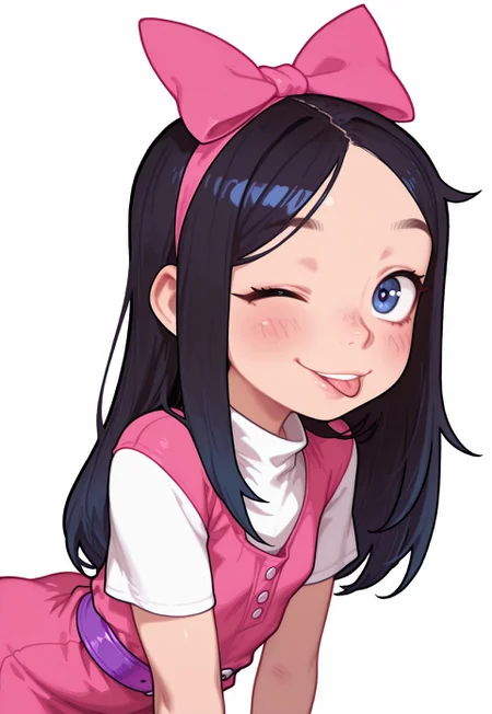 4k, fine detail, high quality eyes, masterpiece, best quality, amazing quality, geh1, 4s0r4,, eigaka, possmach, artist:moriimee, 1 girl, solo girl, young, Isabella, black hair, bent over, smile, ;p, blush, dark blue eyes, long hair, hair bow, pink bow, white undershirt, pink dress, short dress, short sleeves, purple belt, upper body,