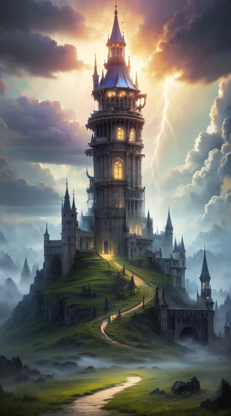 Masterwork Painting, Magnum Opus, 
HDR photo of 
Dreamscape, 
ethereal fantasy concept art of  
 <lora:Wizard_Tower-10:0.75> witow, castle, cloud, cloudy sky, grass, no humans, scenery, sky, tower, tree, 
 <lora:locon_conceptlightning_v1_from_v1_64_32:1> lghtnngprsn, lightning, storm,
. magnificent, celestial, ethereal, painterly, epic, majestic, magical, fantasy art, cover art, dreamy,
. Surreal, ethereal, dreamy, mysterious, fantasy, highly detailed,
. High dynamic range, vivid, rich details, clear shadows and highlights, realistic, intense, enhanced contrast, highly detailed,
  highres, 8k, uhd, High Dynamic Range, tonemapping, crisp details,  intricate details, fine details