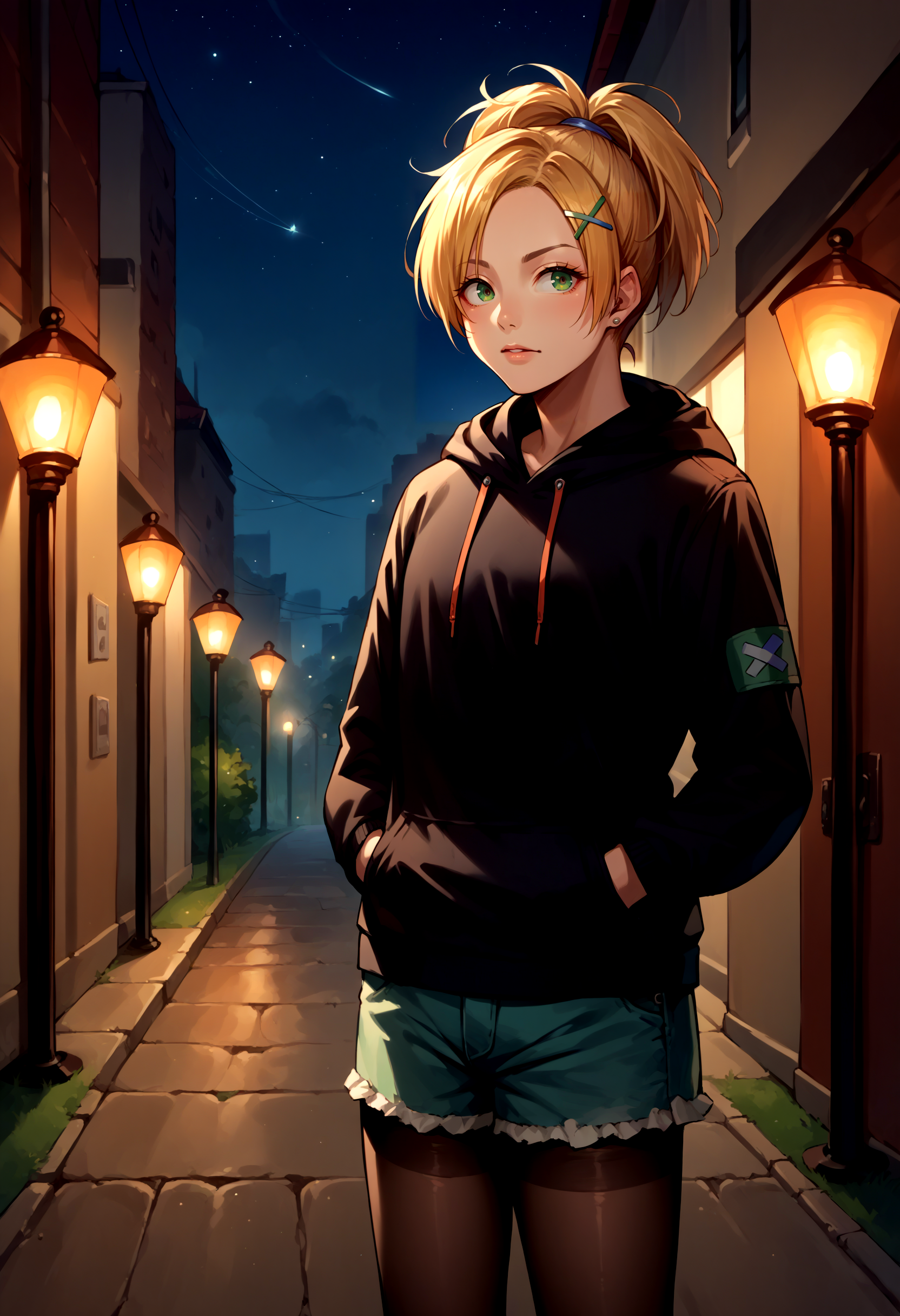 score_9, score_8_up, source_anime, RikkuX, x hair ornament, <lora:RikkuX_XLPD:1>, black hoodie, shorts, pantyhose, hands in pockets, outdoors, night,