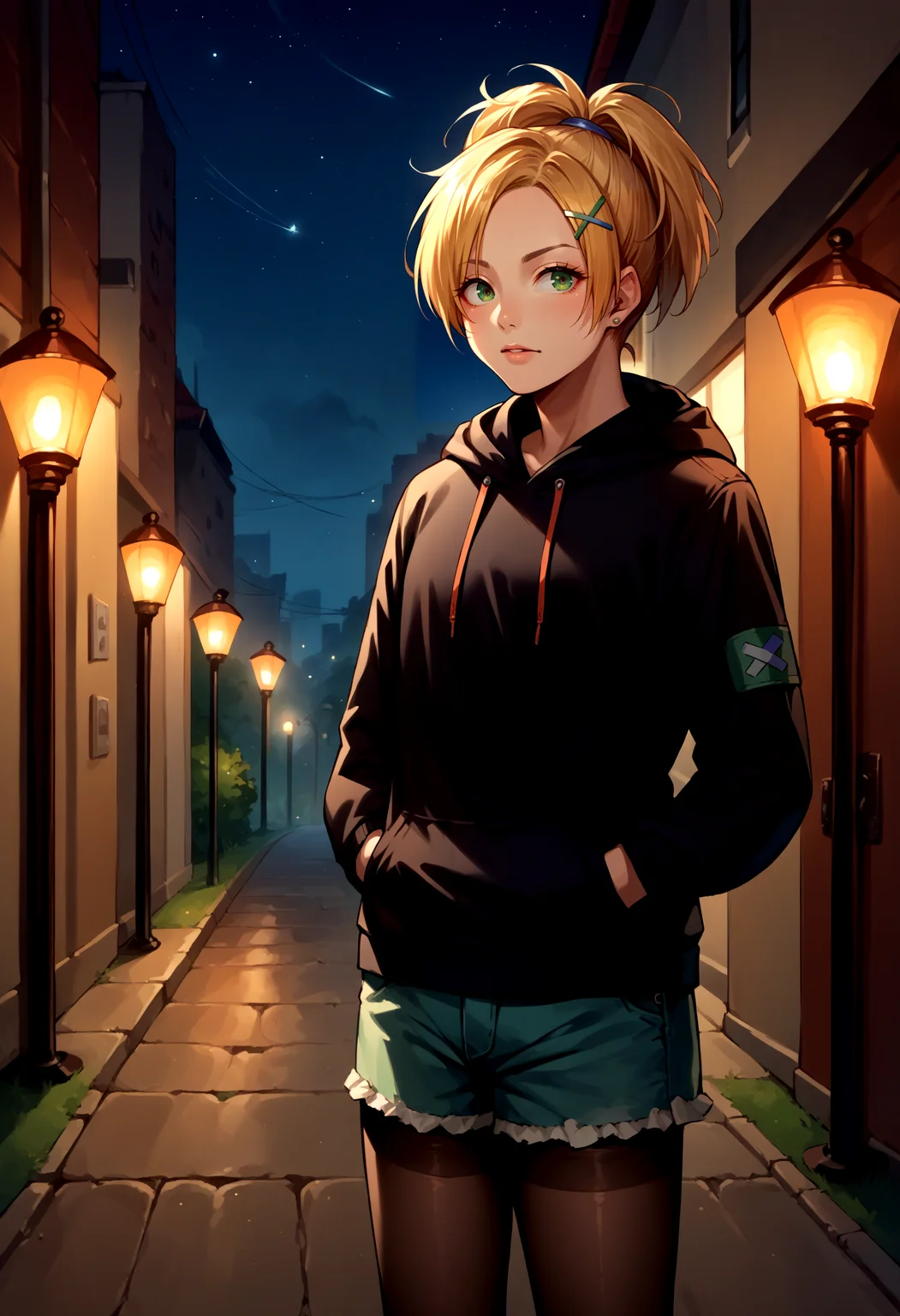 score_9, score_8_up, source_anime, RikkuX, x hair ornament, <lora:RikkuX_XLPD:1>, black hoodie, shorts, pantyhose, hands in pockets, outdoors, night,