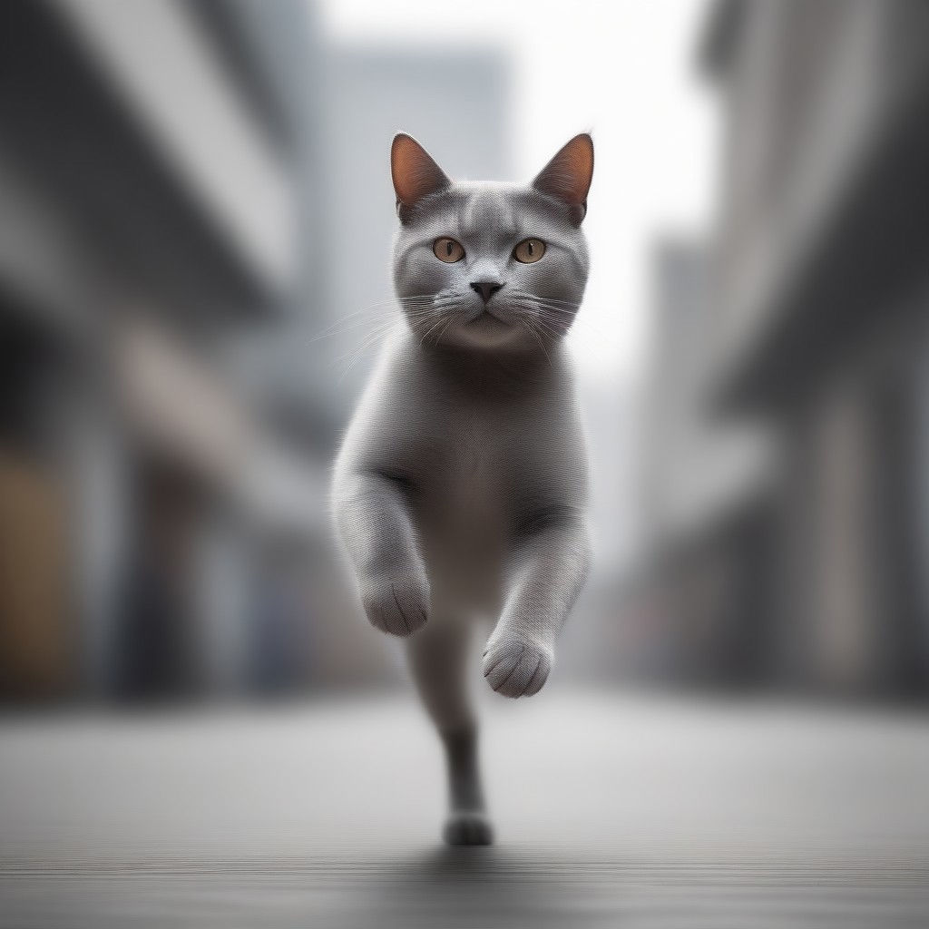 blur speed, active scene, At a street milk market, a gray cat (running pose) holds a bottle saying BUZZ in his upper paws, runs quickly and laugs, A milk seller in white runs after him and shouts loudly, threatening him with his fist.