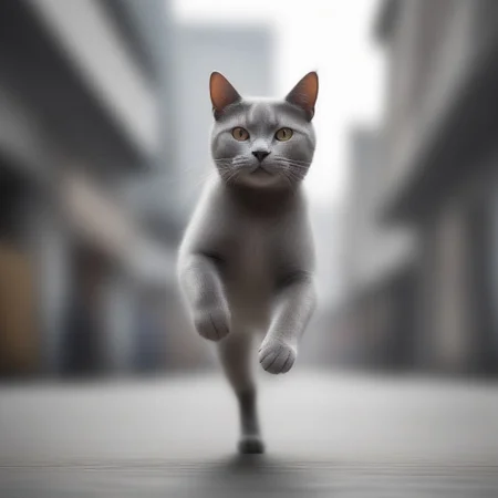 blur speed, active scene, At a street milk market, a gray cat (running pose) holds a bottle saying BUZZ in his upper paws, runs quickly and laugs, A milk seller in white runs after him and shouts loudly, threatening him with his fist.