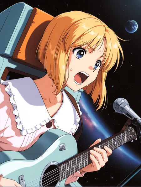 masterpiece,best quality,newest,
1girl,solo,
<lora:flower_girl_ilxl_v1.1:1>,no headwear,f_g,blonde hair,short hair,blue eyes,f_clothes,
1990s \(style\),<lora:Fixhands_anime_bdsqlsz_V1:1>,looking ahead,face_focus,front view,dutch angle,upper_body,simple_background,panorama,wide_shot,<lora:gundamallviewmoniter:1>,gundamallviewmoniter,cockpit,sitting,grip console,space,galaxy,looking_down,singing,sweat,serious,open mouth,guitar,holding instrument,screaming,