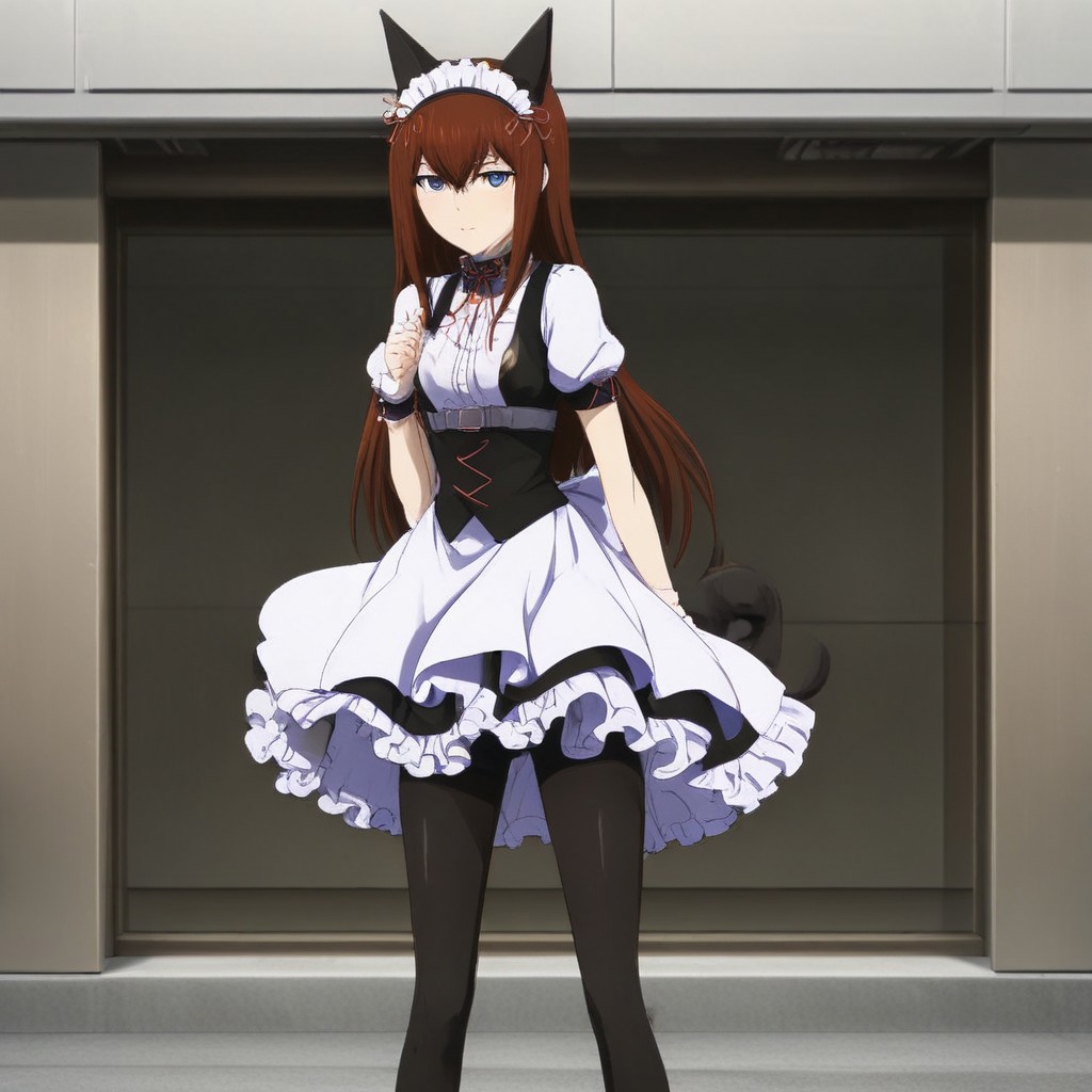 anime style , maid outfit , A cute and beautiful image of Makise Kurisu in maid outfit making a cat pose , ribbon , sexy legs , naughty pose