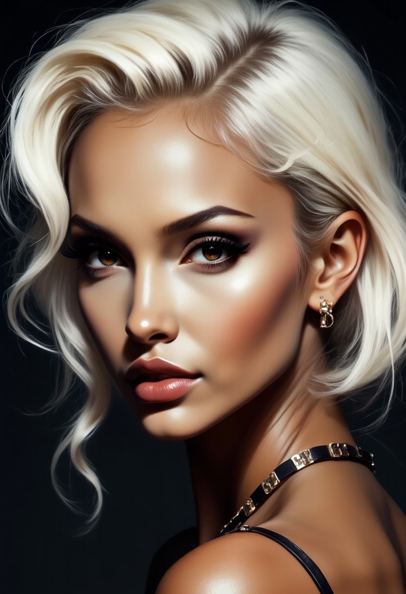 portrait of stunning oriental woman, platinum hair, seductive, sultry, lustful, gazing directly at viewer, smiling seductively,