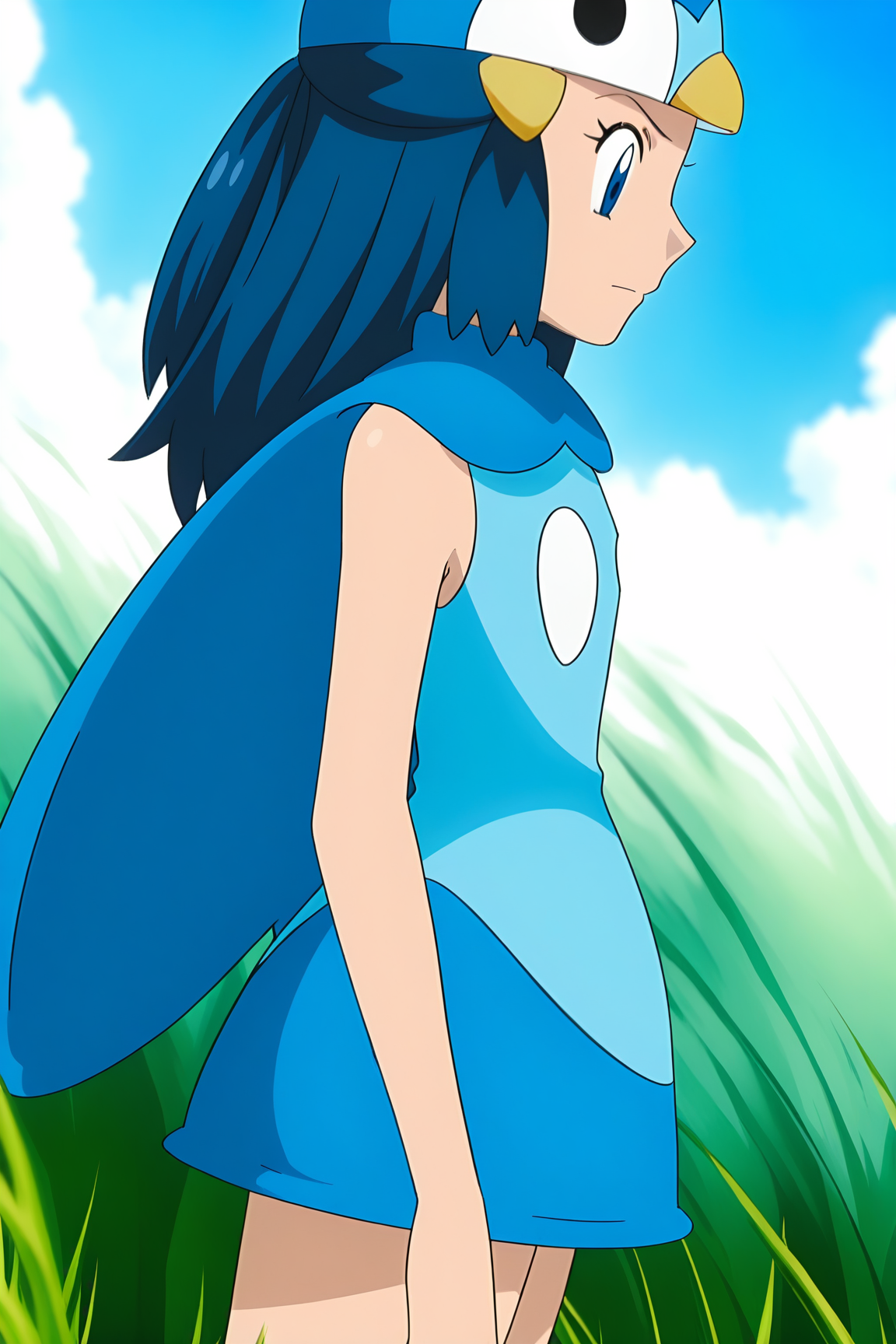 anime, animification, anime screencap, anime coloring, vivid colors, depth of field, high quality, highres, (dynamic angle,dynamic pose), dawnpip, 1girl, solo, long hair, blue eyes, skirt, hair ornament, hat, piplup \(cosplay\), closed mouth, standing, blue hair, sidelocks, outdoors, cowboy shot, sky, sleeveless, day, hairclip, cloud, cape, from side, blue sky, flat chest, sleeveless shirt, bare arms, cosplay, profile, grass, blue headwear, split mouth, blue cape, piplup, eyelashes, looking down, dawn \(pokemon\)
<lora:Dawn_Piplup_Cosplay-10:1>