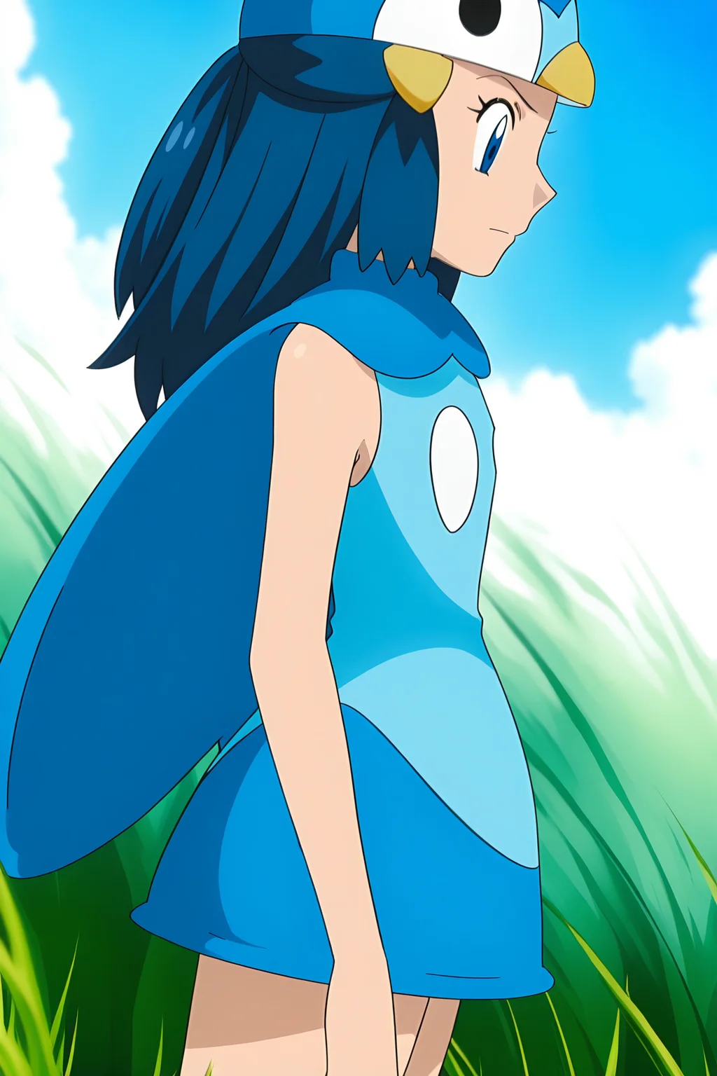 anime, animification, anime screencap, anime coloring, vivid colors, depth of field, high quality, highres, (dynamic angle,dynamic pose), dawnpip, 1girl, solo, long hair, blue eyes, skirt, hair ornament, hat, piplup \(cosplay\), closed mouth, standing, blue hair, sidelocks, outdoors, cowboy shot, sky, sleeveless, day, hairclip, cloud, cape, from side, blue sky, flat chest, sleeveless shirt, bare arms, cosplay, profile, grass, blue headwear, split mouth, blue cape, piplup, eyelashes, looking down, dawn \(pokemon\)
<lora:Dawn_Piplup_Cosplay-10:1>