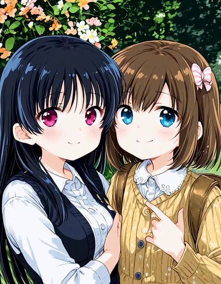 <lora:toki_pony_1:0.9> 2girls, multiple girls, upper body, cheek to cheek, looking at viewer, smile, blush, hand to hand, hug
shimizudani ryuuka,
onjouki toki, hair bow,