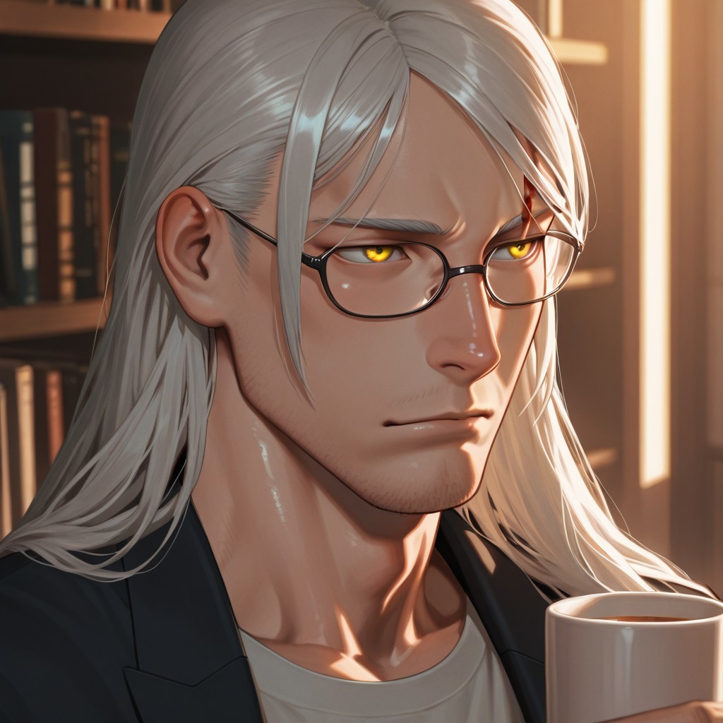 masterpiece, best quality, amazing quality, absurdres, newest, detailed background, definition so sharp, Ultra-HD, 8K cinematic, very awa, impressionate, amazing quality, highres, 
solo, male focus, manly, shadow, shiny skin, mature male, extream close-up, soft coloring,
mitsuhisahachiya, mitsuhisa_grey hair, mitsuhisa_yellow eyes, 1boy, long hair, scar across eyebrow, intelligent, witty_smile, charming, glasses, books, university, professor, smart_casual_attire, approachable, kind_eyes, thoughtful_expression, cup_of_tea, warm_lighting, gentle_laughter
