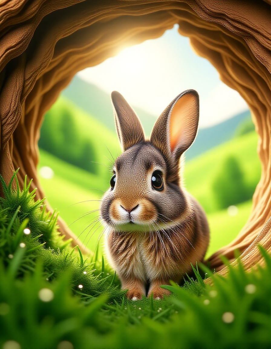 cute small zhibi rabbit, inside of a hole, looking outside, sourrounded by green grass and hills <lora:zhibi_flux:1>