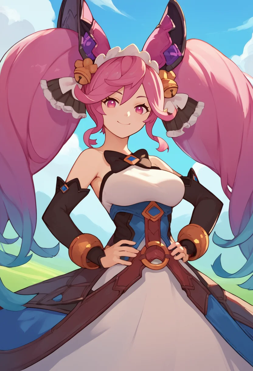 score_9, score_8_up, score_7_up, source_anime, solo, 1girl, dragaliacleo, smile, looking at viewer, hands on own hips, twintails, hair bell, pink eyes, strapless dress, sleeveless dress, black bow, detached sleeves, bare shoulders, large breasts, outdoors <lora:dragalialost_cleo_ponyXL:1>