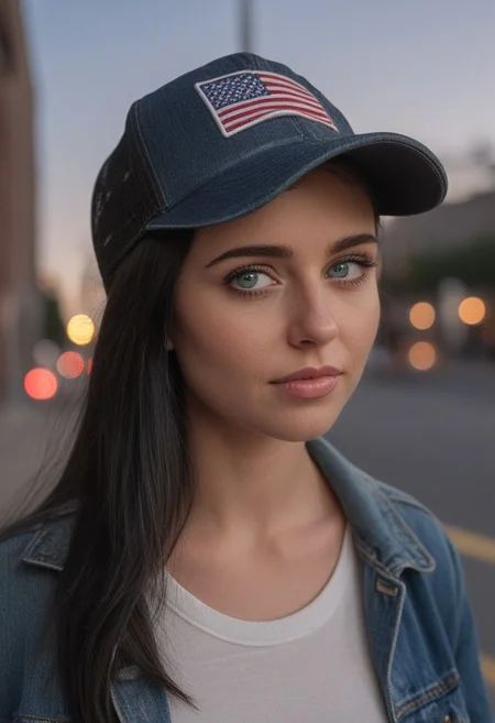 30yo woman holding an American flag.
Blue eyes. perfecteyes
Wearing Denim jacket trucker hat.
Long dark black slick back hair. No makeup. Dusk, Street light. Looking at camera POV. Slight smile, tilting head.. Tilt head.
Medium Close Up shot. Bokeh. Bokeh light.