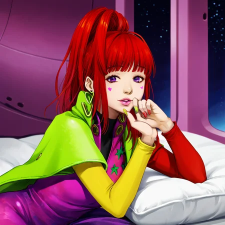 best quality, masterpiece, official artwork, (realistic:0.3), 1girl, solo, sq, red hair, jewelry, earrings, purple eyes, lips, nail polish, makeup, long hair, ponytail, jacket, dress, spaceship room background, one finger point on face, flirty face, sleeping on bed