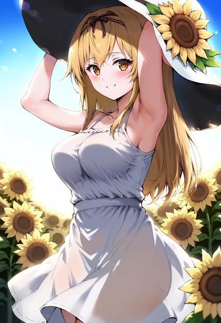 score_9, score_8_up, score_7_up, score_6_up, score_5_up, score_4_up,
simple background, gradient background,
refraction, caustics, rim lights, backlighting, bloom,
BREAK
source_anime, day, outdoors, sky, flower field, sunflower, sunflower field, sunset,
BREAK
1girl, sundress, sunhat, blonde hair, large breasts, see-through silhouette, happy, hair between eyes,
arms up, armpits, light smile,
<lora:Haoni-v2b-PDXL:1>