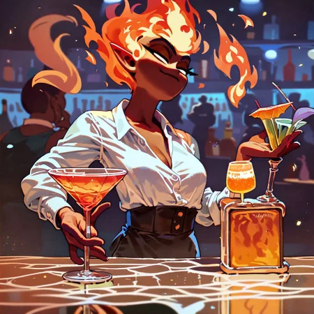 score_9, score_8_up, score_7_up, bartender girl, (wiggling little fire elemental in the cocktail glass:1.5), high resolution, best quality, brown skin, low light
