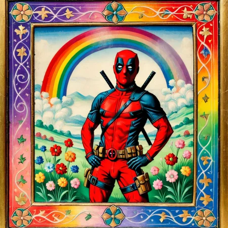 pam-mdvl deadpool,rainbow background, rectangular frame with flowers