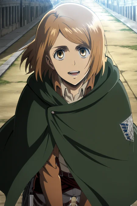 anime screencap, anime coloring, detailed face, masterpiece, best quality, very aesthetic, absurdres, volumetric lighting, 
outside, in a city,
 <lora:Petra_Ral_Attack_on_Titan:1>
attack on titan, Petra Ral (character), 1girl, solo, brown hair, brown eyes, short hair, outdoors, jacket, paradis military uniform, looking up, open mouth, brown jacket, cloak, green cape, green cloak, high angle, looking at the viewer, :D, smile