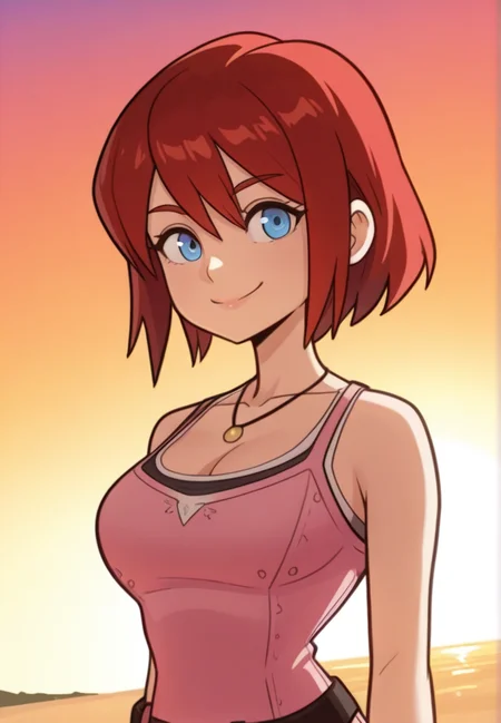 dlh, masterpiece, best quality, amazing quality, very aesthetic, absurdres,  newest, detailed background, upper body,  outdoors, beach, sunset, sky, dynamic angle, perfect eyes, beautiful eyes, 
kairikh, 1girl, solo, red hair, blue eyes, smile, looking at viewer, pink dress, necklace, wirstband, short hair, belt, large breasts, cleavage, large hair
 <lora:Kairi_-_Kingdom_Hearts_1-2_Illustrious:1> <lora:DLH:1>