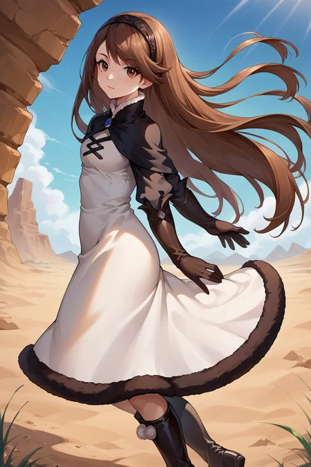 score_9, score_8_up, score_7_up, score_6_up, source_anime, BREAK 1girl, solo, <lora:agnesoblige-pdxl-nvwls-v1-000005:1> defagnes, brown hair, brown eyes, long hair, hairband, black capelet, white dress, cross-laced dress, black sleeves, black gloves, elbow gloves, looking at you, desert, blue sky, sand, looking at you, from side, black boots