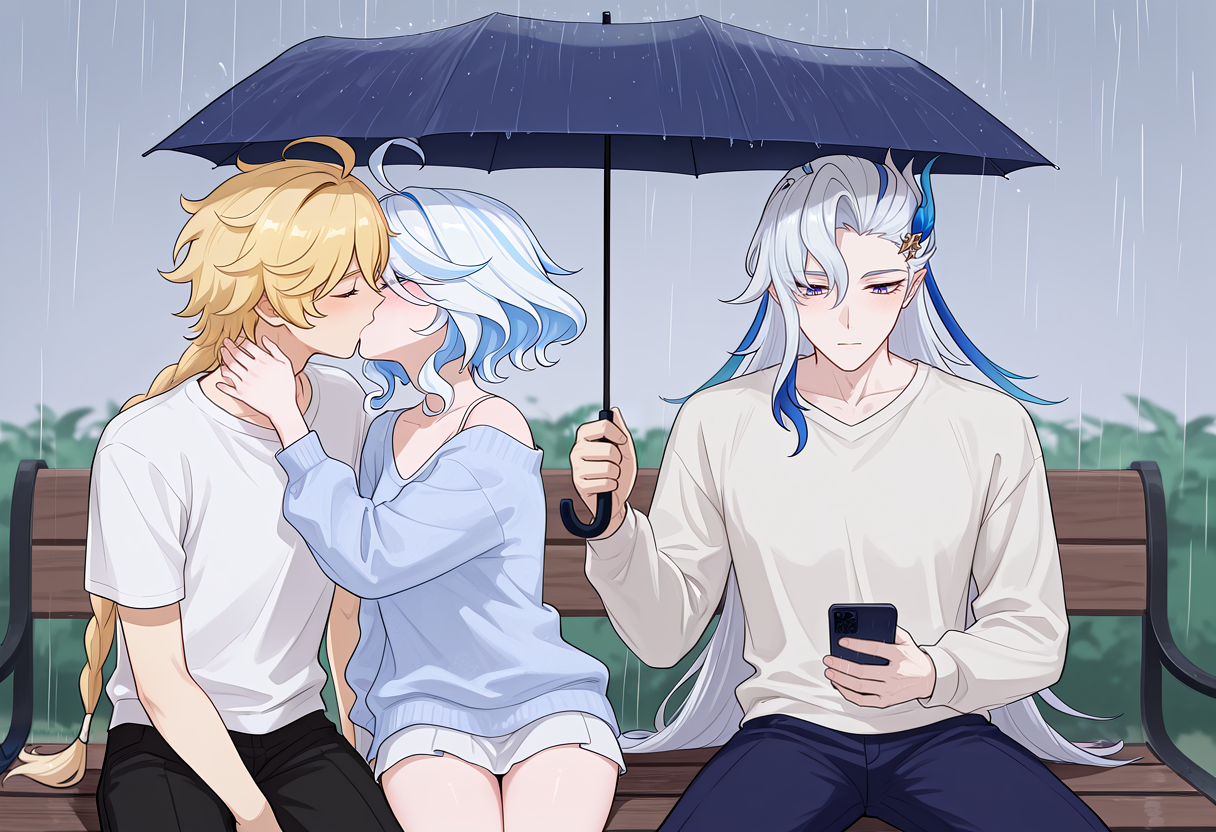 masterpiece, high quality, amazing detail, guy_holding_umbrella_over_kissing_couple_(meme), blush, 1girl, 2boys, sitting, bench, rain, alternate costume, casual,
BREAK
aether \(genshin impact\), furina \(genshin impact\), closed eyes, kiss,
BREAK
neuvillette \(genshin impact\), holding umbrella, shared umbrella, looking down, holding phone, closed mouth,
<lora:guy_holding_umbrella_over_kissing_couple_meme:0.8>