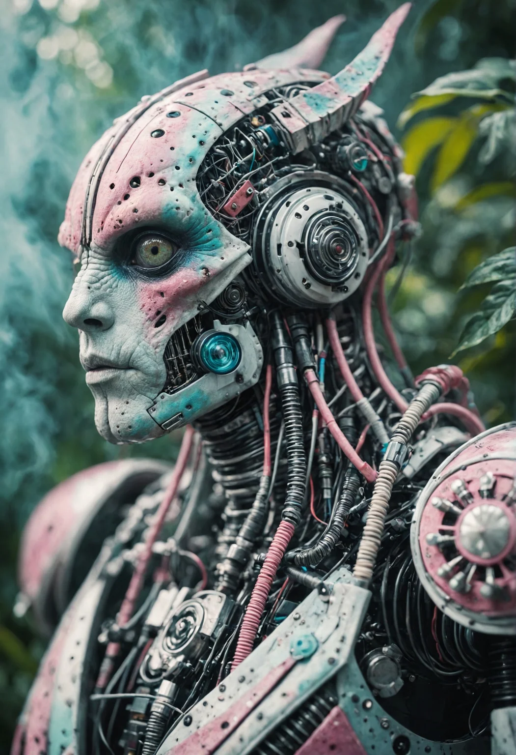 indie aesthetics, (novuschroma style), huge scale, a chameleon robot, metal plating, turbine, vents, cogs, tubing, wires. highly detailed, liminal fog, morning dew particles, particle system, pastel colors, mesmerizing blend of light and shadows, in the style of Greg Rutkowski and Wadim Kashin <lora:133_novuschroma_a:1>, alternative culture, vintage elements, artistic lifestyle, thrifted fashion, creative expression, highly detailed