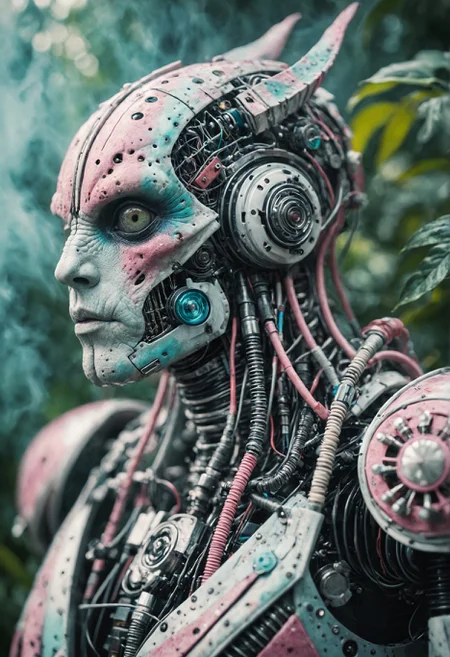 indie aesthetics, (novuschroma style), huge scale, a chameleon robot, metal plating, turbine, vents, cogs, tubing, wires. highly detailed, liminal fog, morning dew particles, particle system, pastel colors, mesmerizing blend of light and shadows, in the style of Greg Rutkowski and Wadim Kashin <lora:133_novuschroma_a:1>, alternative culture, vintage elements, artistic lifestyle, thrifted fashion, creative expression, highly detailed