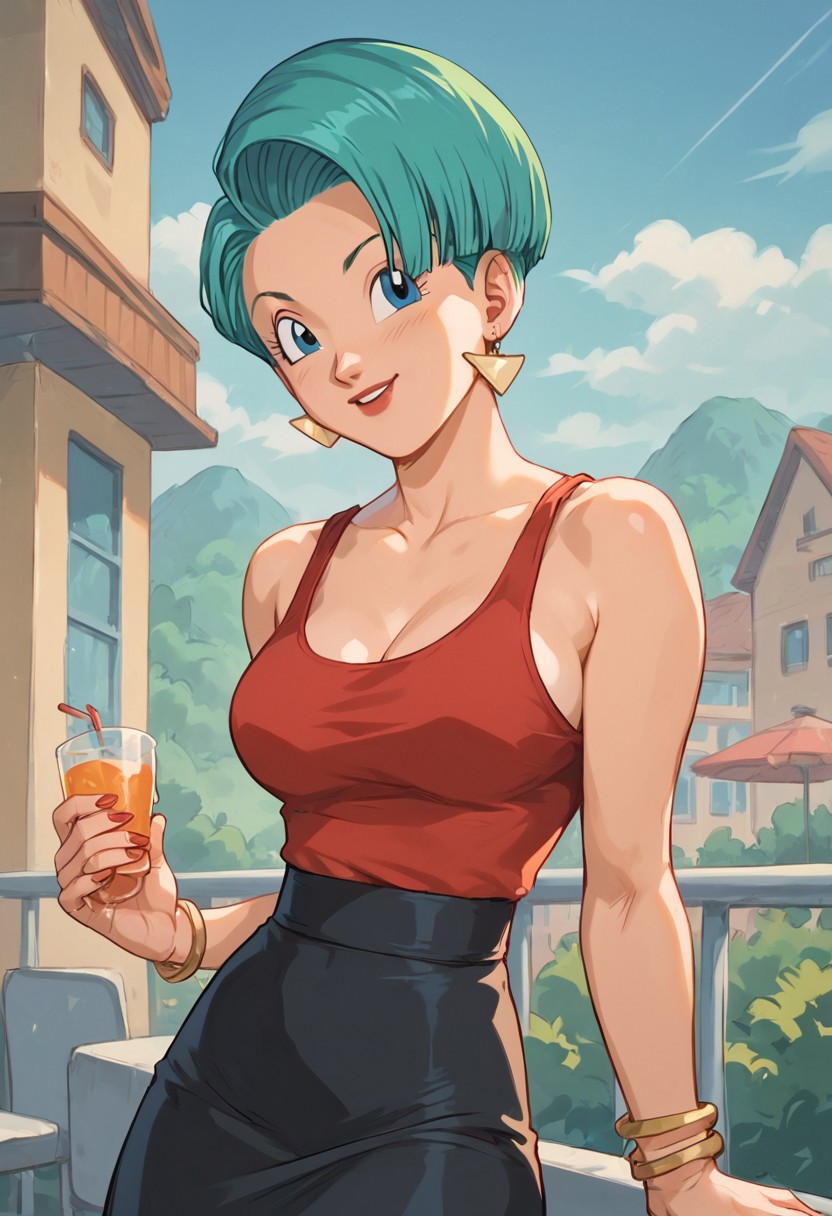 score_9, score_8_up, score_7_up, ,1woman, bulma, red tank top, black short skirt, easynegative,negative_hand,negative_hand-neg