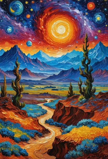 masterpiece, An oil painting of an alien planet, Van Gogh, galaxy in background, vibrant colors, best quality, highly detailed