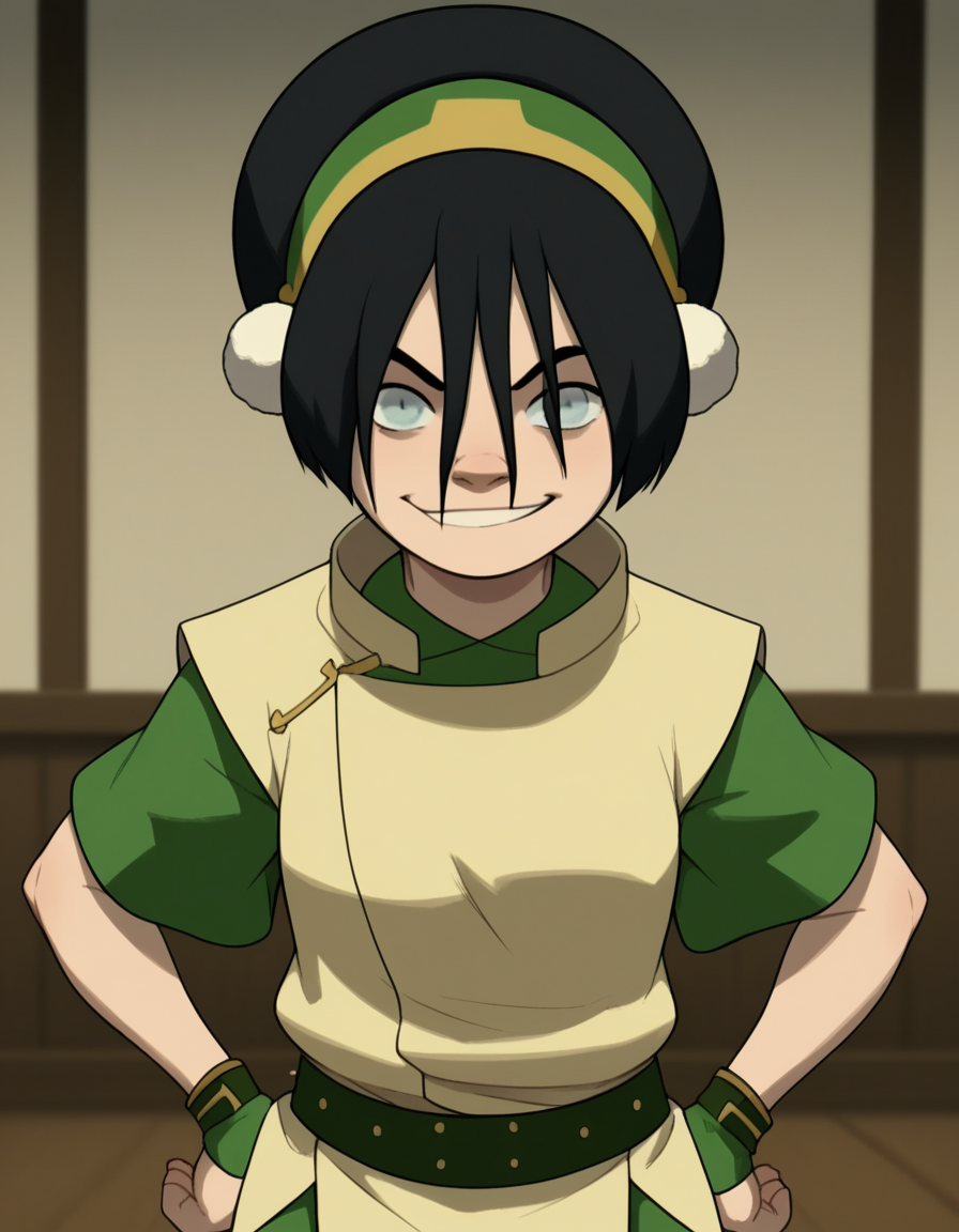score_9, score_8_up, score_7_up, source_anime, <lora:toph-beifong-book2book3-ponyxl-lora-nochekaiser:1>, toph beifong, black hair, hairband, blind, grey eyes, hair between eyes, short hair,, shirt, green shirt, vest, belt, short sleeves,, indoors, smug, smile, looking at viewer, solo, hands on hips,, cowboy shot, dutch angle