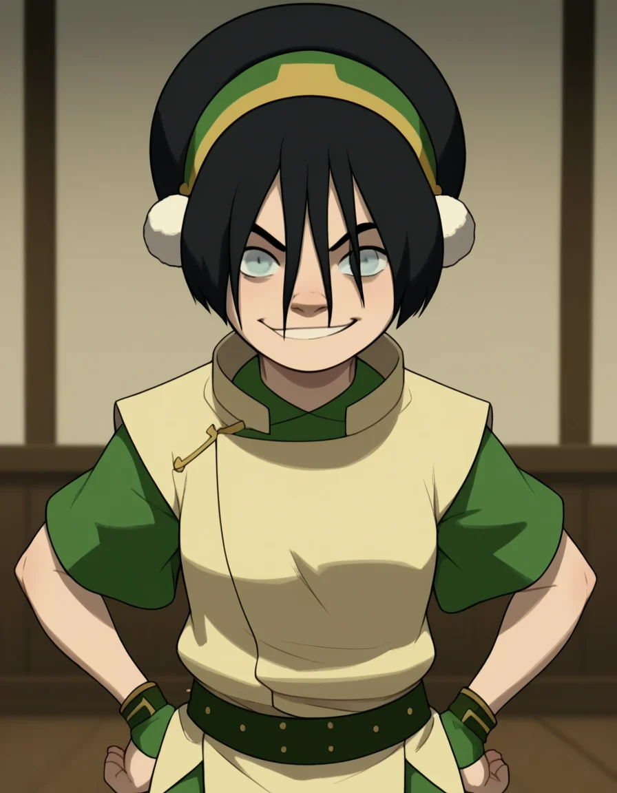 score_9, score_8_up, score_7_up, source_anime, <lora:toph-beifong-book2book3-ponyxl-lora-nochekaiser:1>, toph beifong, black hair, hairband, blind, grey eyes, hair between eyes, short hair,, shirt, green shirt, vest, belt, short sleeves,, indoors, smug, smile, looking at viewer, solo, hands on hips,, cowboy shot, dutch angle