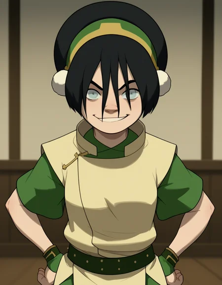 score_9, score_8_up, score_7_up, source_anime, <lora:toph-beifong-book2book3-ponyxl-lora-nochekaiser:1>, toph beifong, black hair, hairband, blind, grey eyes, hair between eyes, short hair,, shirt, green shirt, vest, belt, short sleeves,, indoors, smug, smile, looking at viewer, solo, hands on hips,, cowboy shot, dutch angle