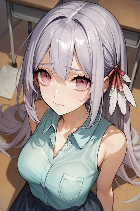 score_9, score_8_up, score_7_up, 1girl, looking at viewer, arms_up, flustered, light purple hair, feather bangs, pink eyes, medium breasts, aqua sleeveless shirt, no light, classroom, from above <lora:wada_arco_PonyXL_style_v01:1>