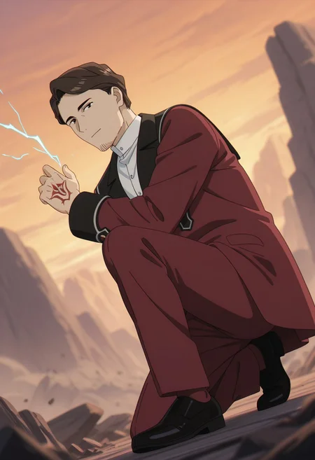 perfect anatomy, perfect proportions, best quality, masterpiece, high_resolution, high quality, best aesthetic, incredibly absurdres, highres, extremely detailed, huge filesize, solo male, adult, mature, masculine, manly, handsome, charming, alluring, standing, upper body, dutch angle, cowboy shot, perfect face, source_anime \(Frieren: Beyond Journey's End\), anime coloring \(Frieren: Beyond Journey's End\), Richter\(Frieren: Beyond Journey's End\), FRRRichter, dark brown hair, short hair, facial hair, stubble, brown eyes, FRRRichter_outfit,white collared shirt, tunic collared shirt, stand collar shirt, red brown coat, red/black coat, red brown pants, black footwear, electrokinesis, command spell, fighting stance, one knee, knee up, earthquake, debris, earth fissure