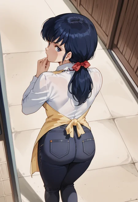 score_9,score_8_up,score_7_up,score_6_up,score_5_up,
BREAK,
1female, otonashi_kyouko, from above, looking back, face focus,
shirt, apron, jeans, from behind, looking back,
<lora:Kyoko_Otonashi:0.85>