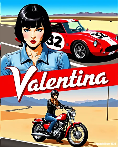 A dynamic, stylized portrait of Valentina, a confident woman with striking blue eyes.  She's depicted in two distinct but complementary styles: one, a pop art-inspired illustration featuring a short black bob, denim jacket, and a stylized race track background with a red #32 race car; the other, a photorealistic rendering of her astride a classic motorcycle on a desert highway, long brown hair flowing, wearing a black helmet and sunglasses against a backdrop of majestic mountains. The overall aesthetic blends bold graphic elements with photorealistic detail, emphasizing Valentina's powerful and independent spirit.  The title "Valentina 1" is prominently displayed in a bold, pop art font. <lora:_Flux\_Painting\Flux_Crepax.safetensors:0.7000000000000001:0.7000000000000001>