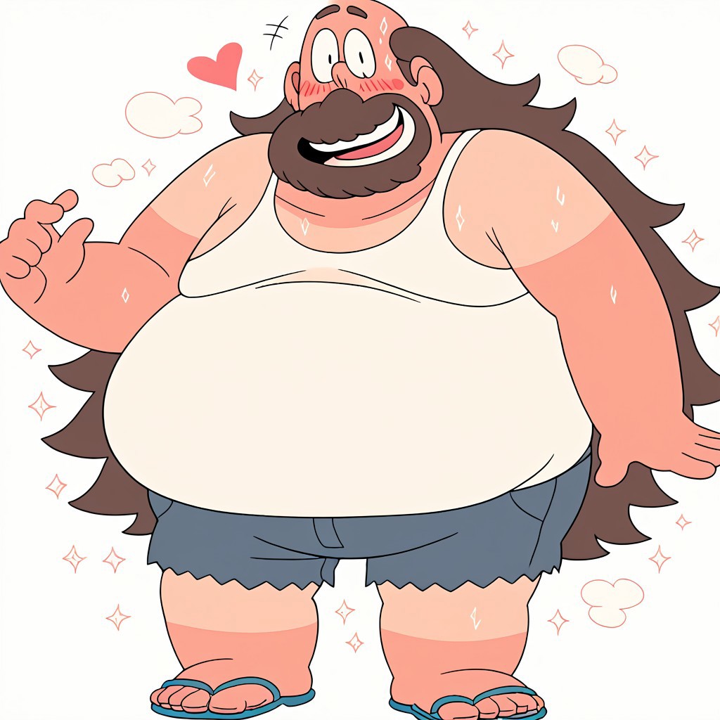 score_9, score_8_up, score_7_up, source_cartoon, solo, 1boy, 4K, high definition, high resolution, blush, sweat, full body, pastel white theme, blush, looking at viewer, pastel palette, soft colors, limited color palette, smirk, <3, masculine, masculine face, fat, chubby, overweight, Cartoon style, 2d,detail background, sexy pose, male focus, solo, sandals, shorts, brown hair, White tank top, open mouth, facial hair, long hair, flip-flops, short sleeves, flat color, beard, fat, two tone skin