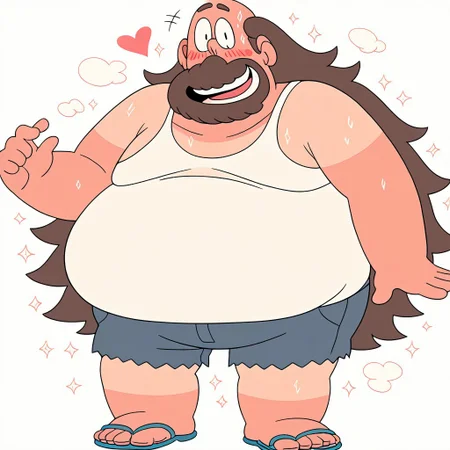 score_9, score_8_up, score_7_up, source_cartoon, solo, 1boy, 4K, high definition, high resolution, blush, sweat, full body, pastel white theme, blush, looking at viewer, pastel palette, soft colors, limited color palette, smirk, <3, masculine, masculine face, fat, chubby, overweight, Cartoon style, 2d,detail background, sexy pose, male focus, solo, sandals, shorts, brown hair, White tank top, open mouth, facial hair, long hair, flip-flops, short sleeves, flat color, beard, fat, two tone skin