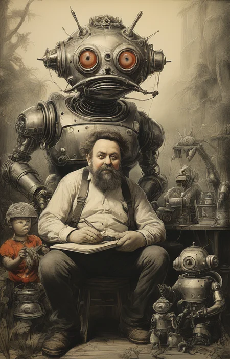 masterpiece,best quality,<lora:tbh274-sdxl:0.9>,illustration,style of Thomas Nast portrait of Housework robots