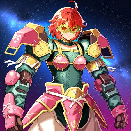 revya soul nomad, serious expression, red eyes, red hair, ahoge, detailed facial features, mecha armor, mecha, high tech visor, space background,