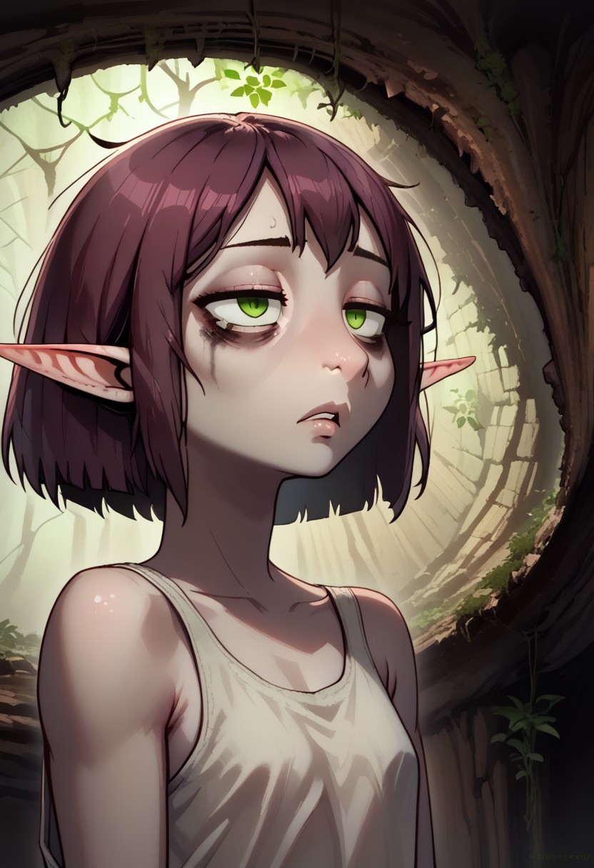 4byss, Lapanya, pointy ears, ((snout nose)), flat chest, solo, lean physique, ((sidecut hair)), very short pixie-cut hair:1.1, dark maroon hair, bright green eyes, ((sunken cheeks, bags under eyes)), pale skin, 
Dutch angle,
Neutral expression, half-lidded eyes, threatening aura, ((close up, face focus, head shot)),
((cavern background, wall hangings, organic chamber, soft light, moss on ceiling, luminous moss)), clean lines, smooth colors, sfw, source: semi-realistic, rating: pg, score: 8 up, score: 9