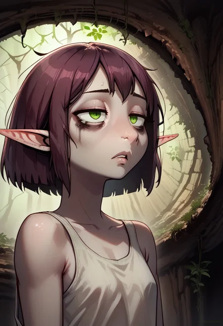 4byss, Lapanya, pointy ears, ((snout nose)), flat chest, solo, lean physique, ((sidecut hair)), very short pixie-cut hair:1.1, dark maroon hair, bright green eyes, ((sunken cheeks, bags under eyes)), pale skin, 
Dutch angle,
Neutral expression, half-lidded eyes, threatening aura, ((close up, face focus, head shot)),
((cavern background, wall hangings, organic chamber, soft light, moss on ceiling, luminous moss)), clean lines, smooth colors, sfw, source: semi-realistic, rating: pg, score: 8 up, score: 9