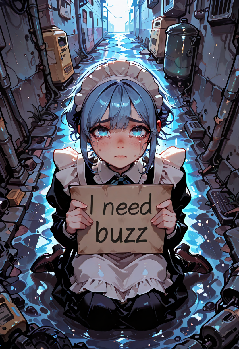 score_9, score_8_up, score_7_up, masterpiece, best quality, very aesthetic, detailed face, (dynamic:1.2), stylized, illustration, dynamic pose, girl, alley way, cold, (rain:0.7), sad, (cold lighting:1.2), depressing atmosphere, girl, blue hair, bangs, maid uniform, kneeling on ground, crying, sad, tears, looking up, looking at viewer, <lora:ck-shadow-circuit-IL:0.5> in the style of cksc <lora:incoth:0.5> incoth, (incase:0.5) <lora:TrendCraft_The_Peoples_Style_Detailer-v2.3I-4_16_2025-Illustrious_1571400:0.4> <lora:Smooth_Booster_v3_1685428:0.3>âââ <lora:9_EnchantingEyes:0.6> Enchanting Eyes  <lora:WeaponSpellBindIL:0.2>  <lora:perspective:0.4> from above <lora:Rem_Locon:0.6> rem_locon <lora:NeedBuzz_sign_Illustrious:1> need_buzz, holding sign, I need buzz, "I need buzz"